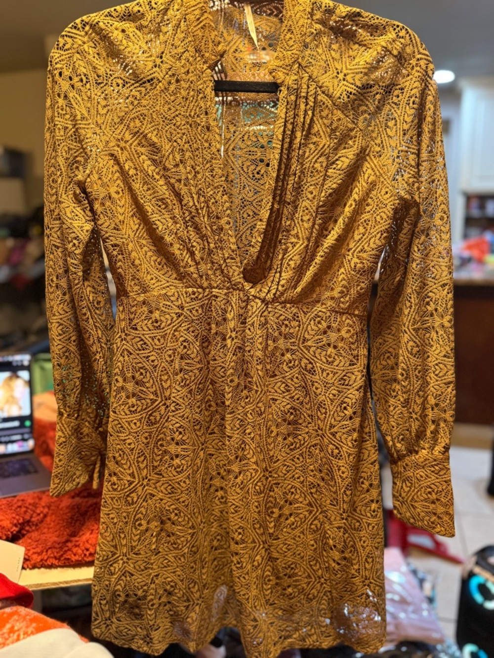 Free People olive Lace Long-Sleeve V-Neck Dress